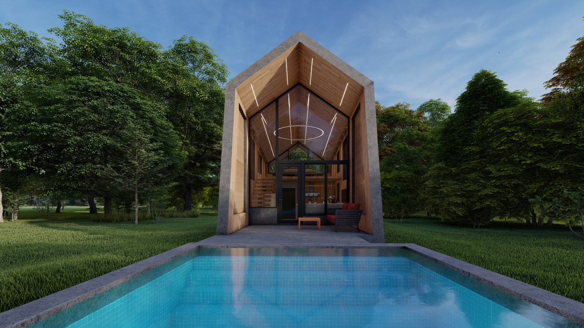 A sculptural white villa beside a reflecting pool