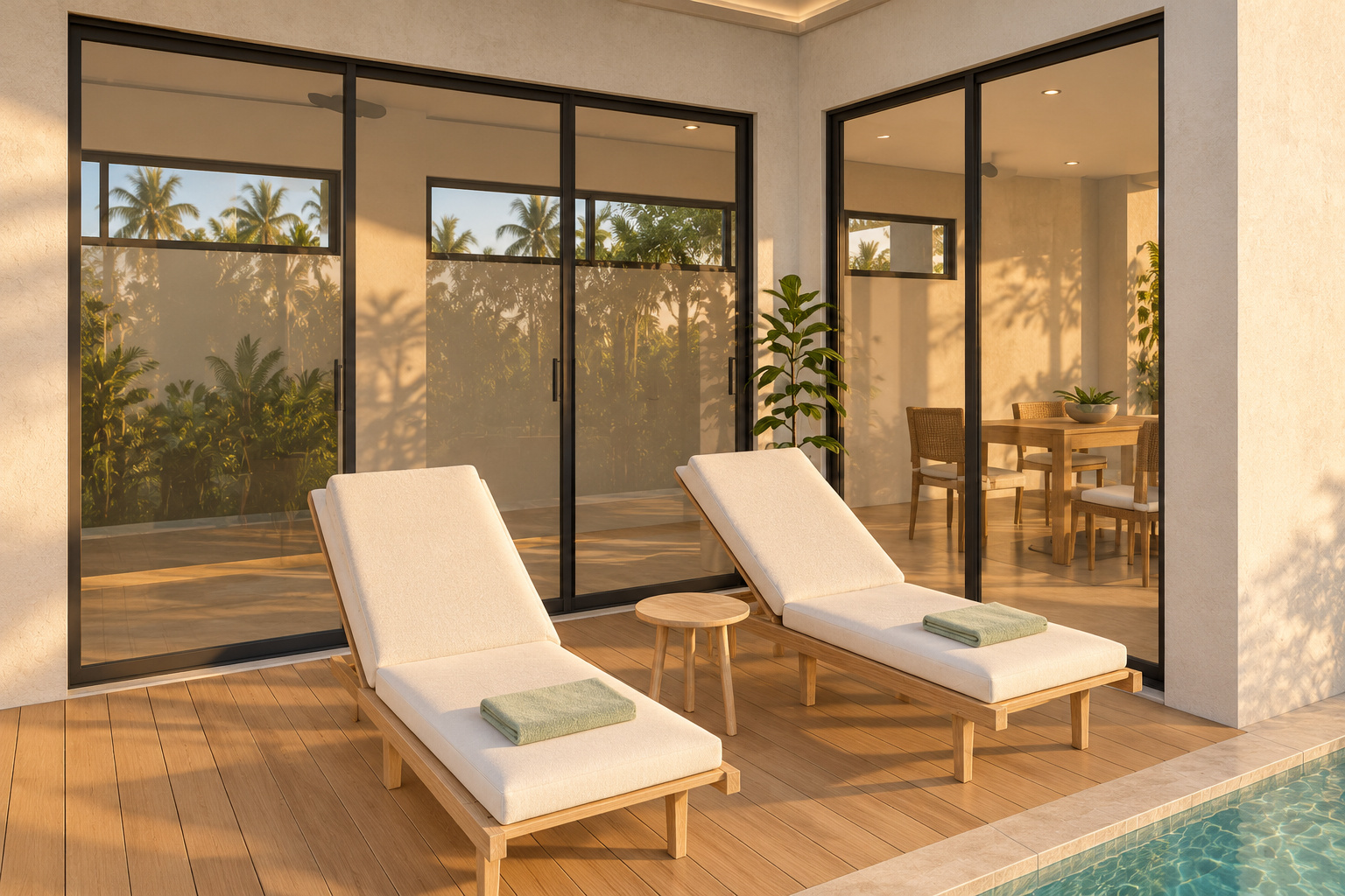 The Courtyard Retreat — poolside deck toward the house